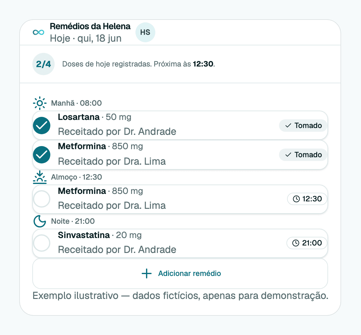 Tela ilustrativa: lista de remédios da Relia com doses e horários
